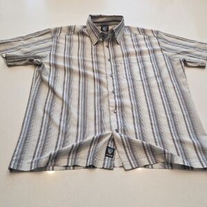 Kuhl Men's Short-Sleeve Button-Down Shirt in Beige, Gray & Blue Stripe